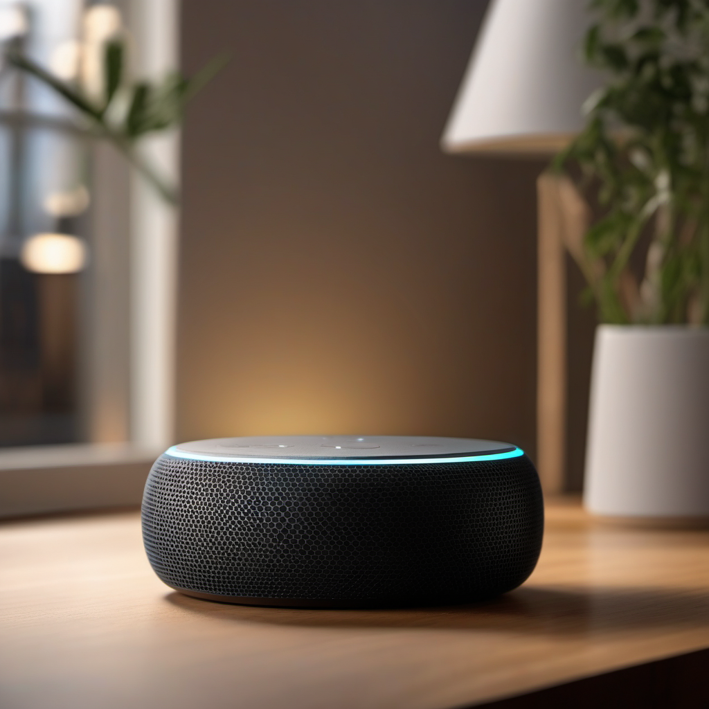 A woman meditating peacefully with her Echo Dot on the windowsill, using the small smart speaker as a timer for morning breathing exercises